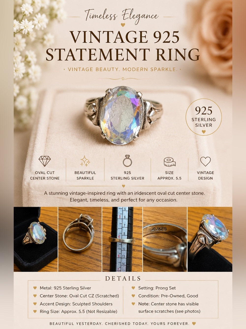 Vintage 925 Sterling Silver Iridescent Crystal Statement Ring